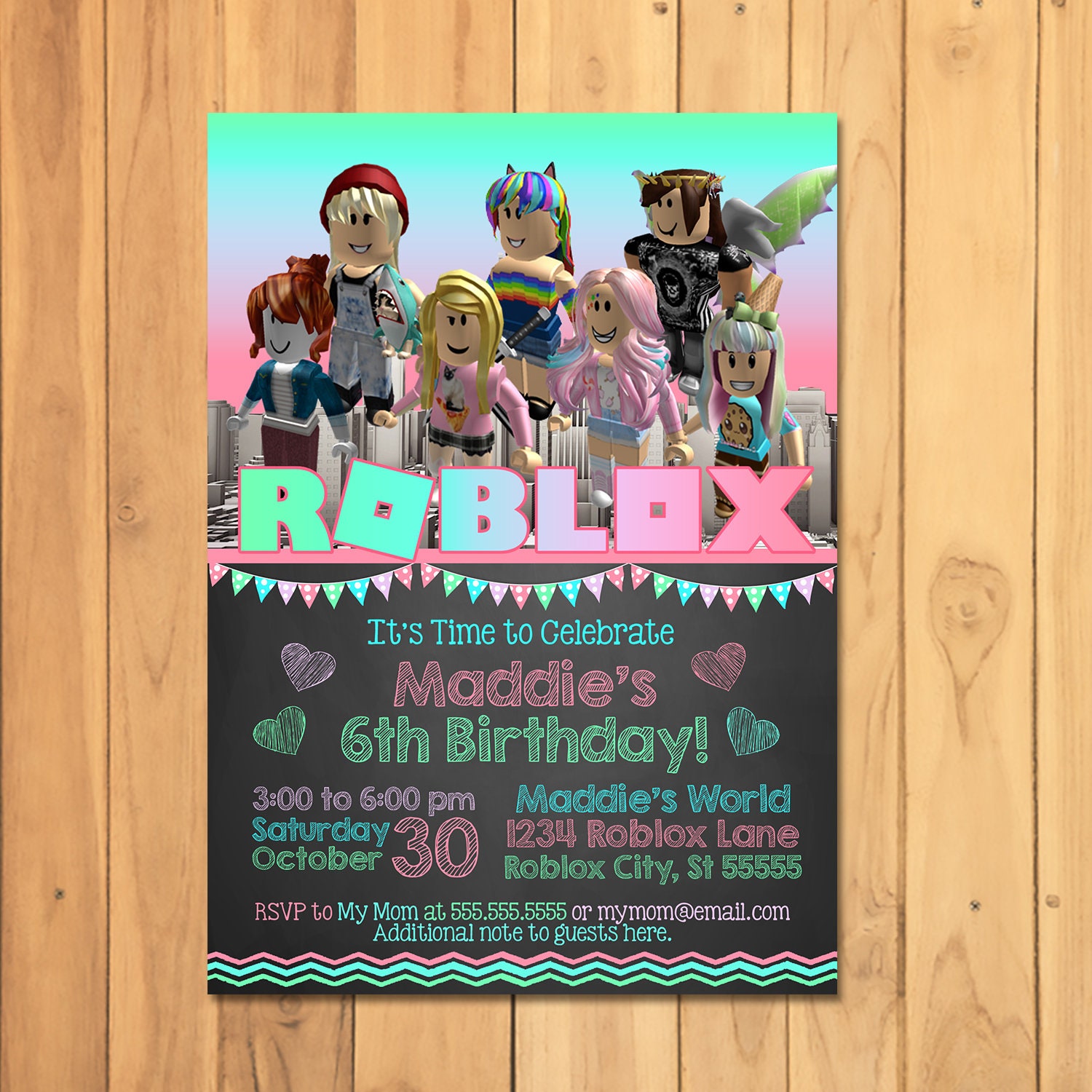Roblox Birthday Etsy - girl roblox invitation pink roblox birthday party roblox party printables roblox invite roblox party roblox video game 100926